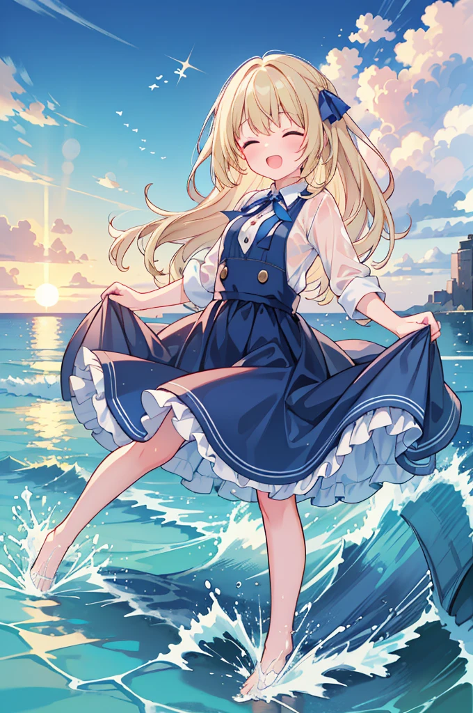 (8k, Ultra-high resolution, super high quality, masterpiece), One girl, cute, Blonde, Mouth open, Eyes closed, looks fun, Ocean, Sunset, Wavy, soaked, Buttons closed, shirt, sleeve, blouse, ribbon, ゴシックなLong skirt, navy blue, Long skirt, Lots of water all over the body, splash, Soaking wet, Submersion, Lots of water, Water up to my chest, Date, Childlike, The best smile, Water Play, Ocean, 