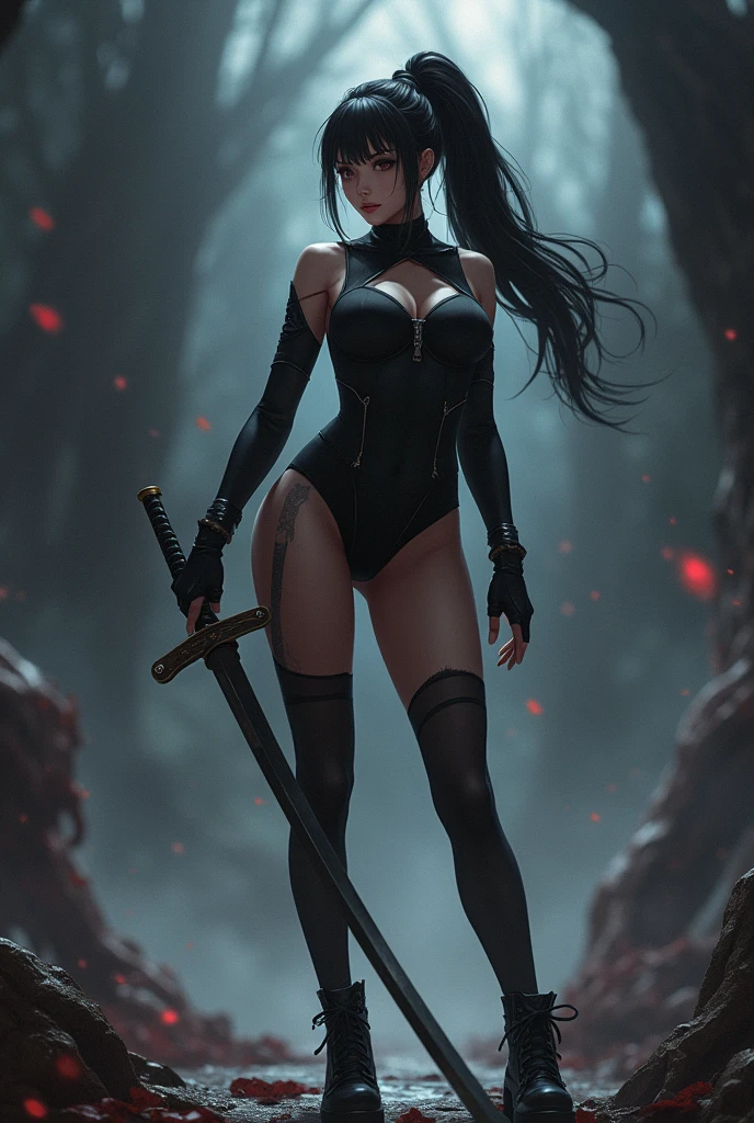 Cat woman, in forest, big tits, huge chest, holding a sword, huge detailed sword, (covered in wounds:1.4), pained face, blue long hair, black cat ears, black tail, black overknees, great detailed artwork.