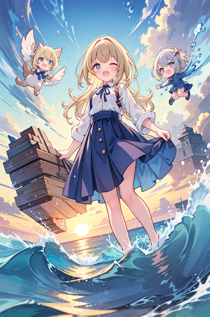 (8k, Ultra-high resolution, super high quality, masterpiece), One girl, cute, Blonde, Mouth open, Eyes closed, looks fun, Ocean, Sunset, Wavy, soaked, Buttons closed, shirt, sleeve, blouse, ribbon, ゴシックなLong skirt, navy blue, Long skirt, Lots of water all over the body, splash, Soaking wet, Submersion, Lots of water, Water up to my chest, Date, like, The best smile, Water Play, Ocean, 