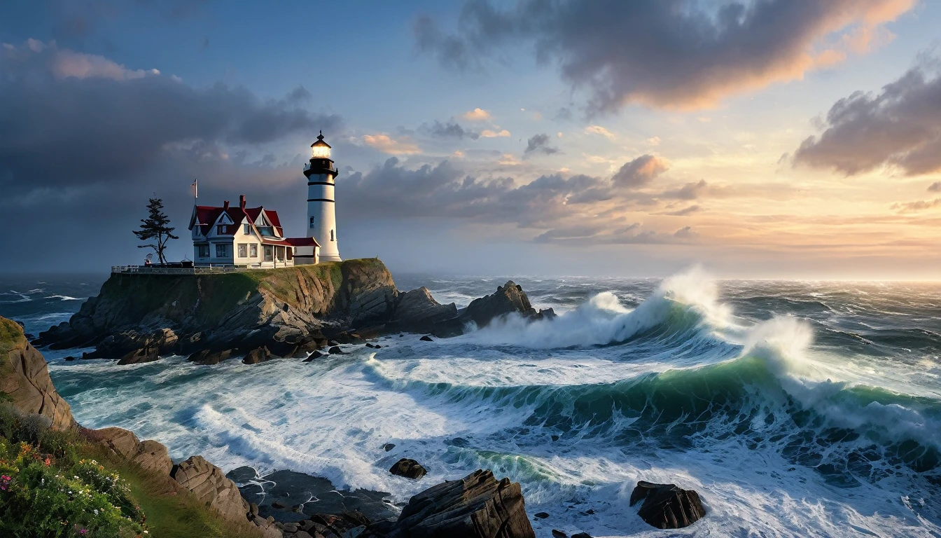 Stunning, premium, Illustration, wide angle, Lighthouse, standing tall, guiding lost sailors, rocky coast, crashing waves, foggy night, rim light, studio light, luminous, soft glow, dynamic lighting, silhouette of a woman, watercolors, realistic, contrast, dreamcore, cinematic, Thomas Kinkade.