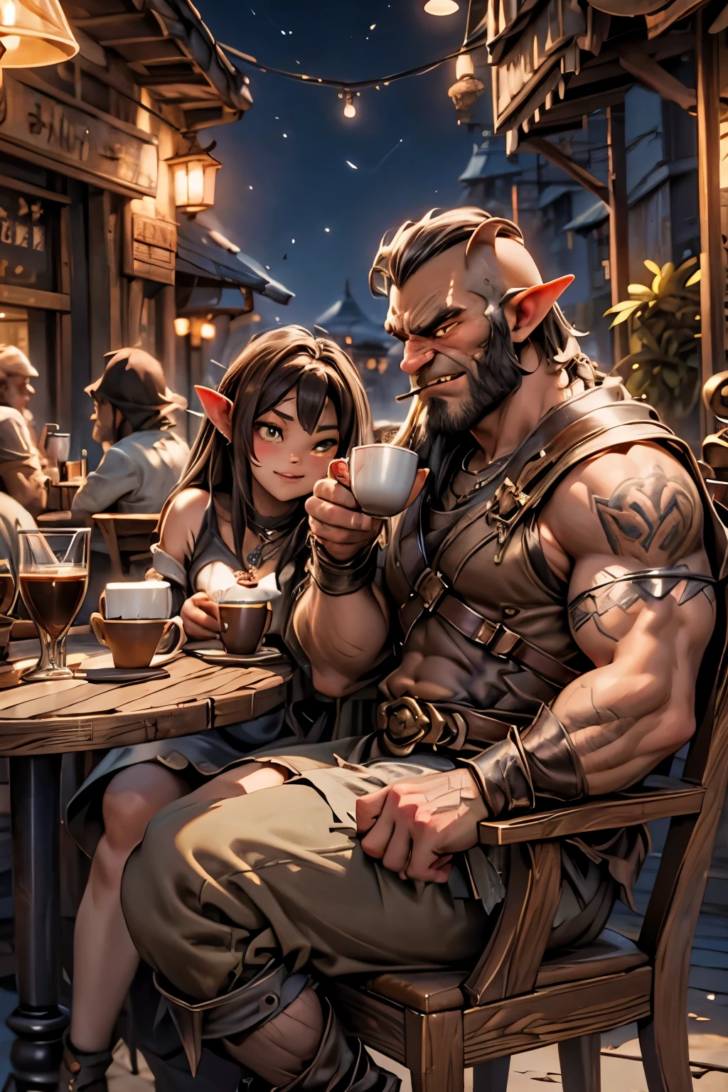 BEST QUALITY, MASTERPIECE, ORCS DRINKING COFFEE AT A COFFE SHOP, NIGHT coffee shop, 