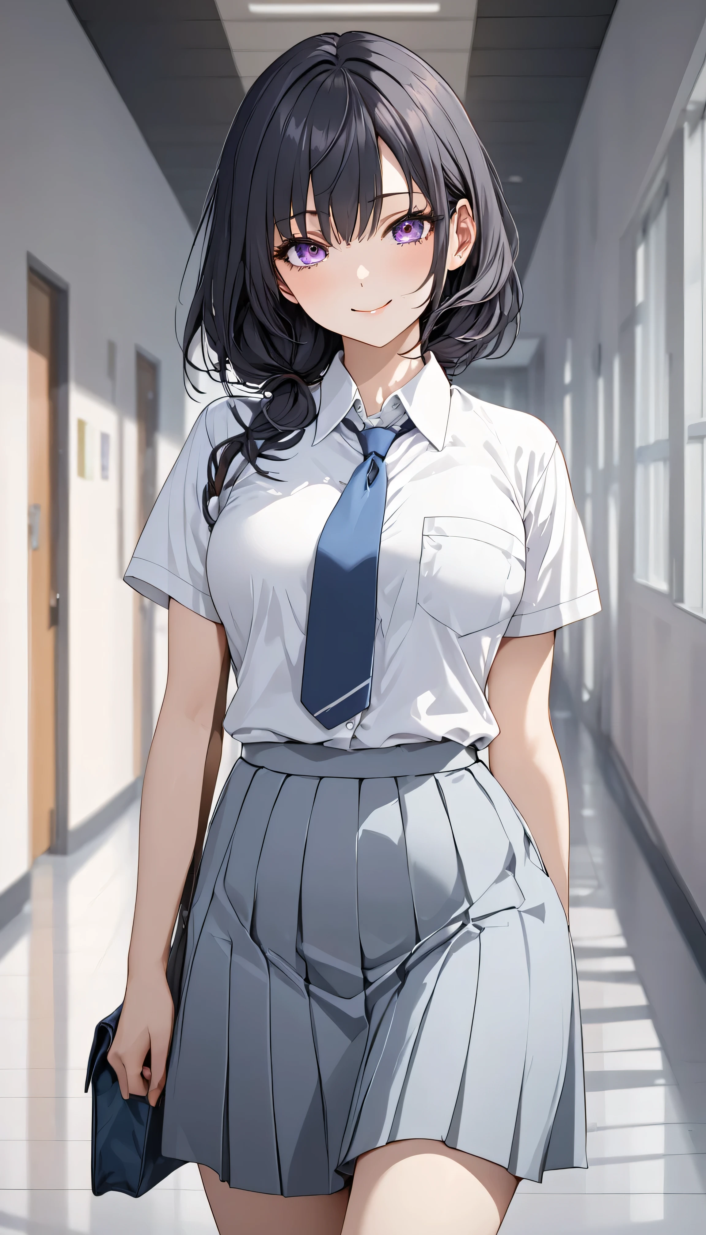 (high res, 8K, masterpiece, looking at viewer, best quality, very aesthetic, ultra detailed, ultra background, ultra Eyes) intricate details, 1girl, Yuki Suou, White short-sleeved shirt, left breast pocket, light blue gray skirt, light blue gray tie, Long black hair flowing down to her waist, purple eyes, Cheeks Flushed, Smile Face, Eat lollipop, Walking the school hallway, Background School Hallway, Cinematic Angle