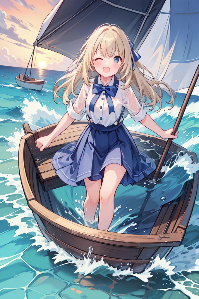 (8k, Ultra-high resolution, super high quality, masterpiece), One girl, cute, Blonde, Mouth open, Eyes closed, looks fun, Ocean, Sunset, Wavy, soaked, Buttons closed, shirt, sleeve, blouse, ribbon, ゴシックなLong skirt, navy blue, Long skirt, Lots of water all over the body, splash, Soaking wet, Submersion, Lots of water, Water up to my chest, Date, like, The best smile, Water Play, Ocean, Rowboat