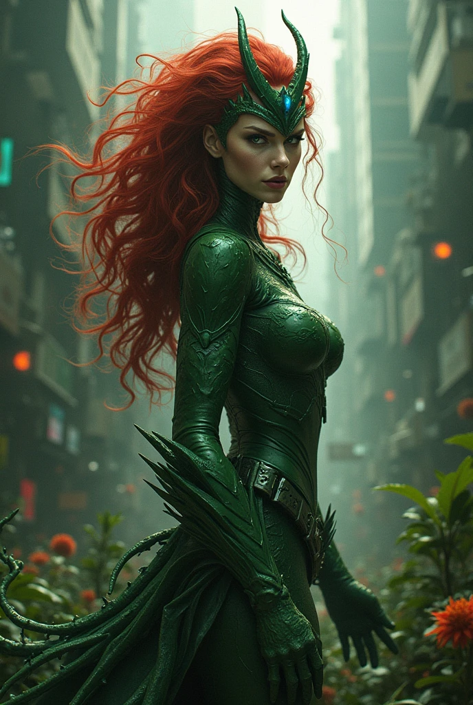 Large format 8k quality photorealisticfull body shot of poison ivy in arkham city, deadly vine, cinematic lighting, shot on ARRI ALEXA 65 with 50mm lens