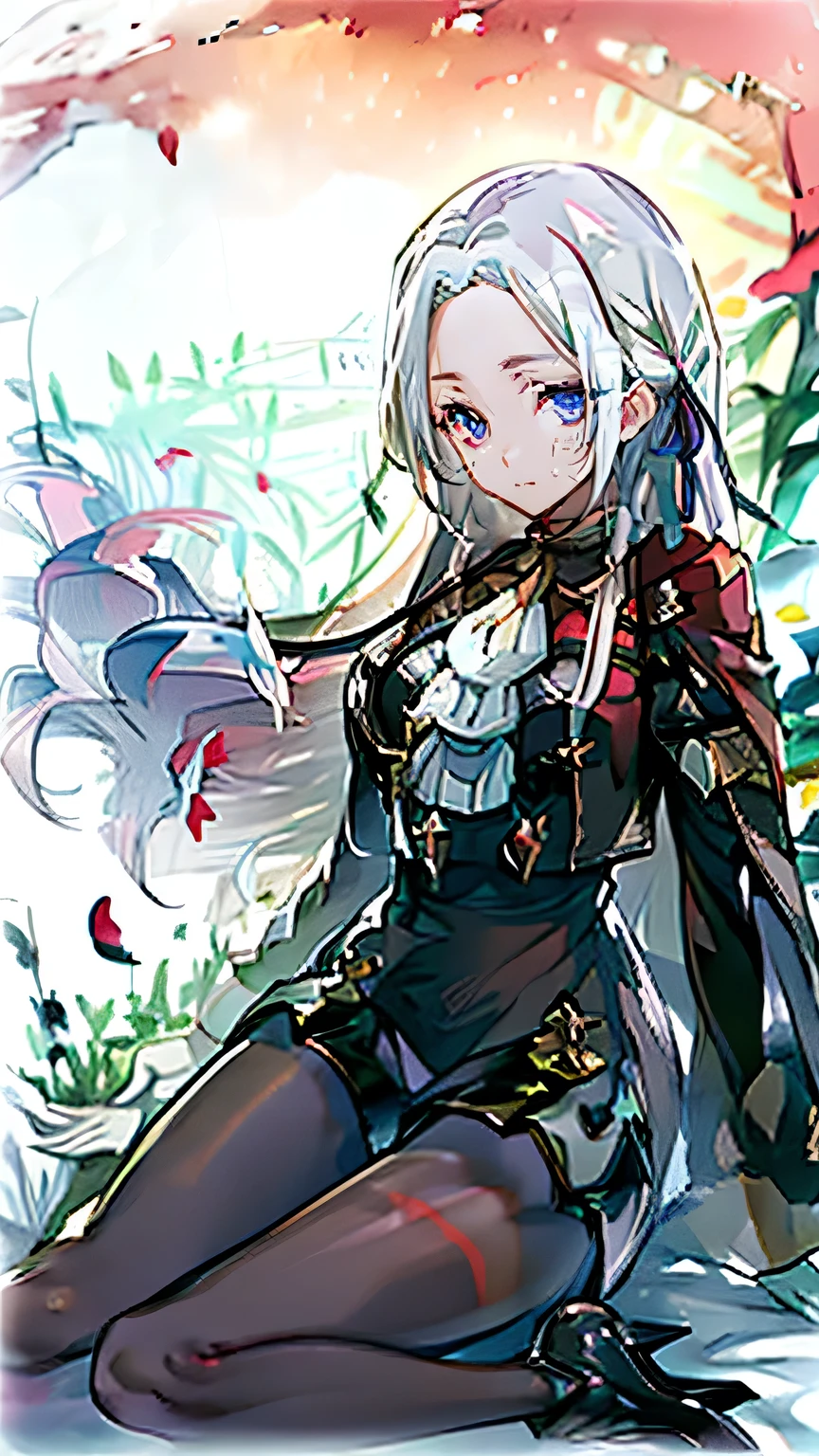 1girl, solo, bed of flowers, anime masterpiece, soft lighting, intricate, highly detailed, pixiv, anime art, 4k,  garden of words style art, high quality, pastel water colors, watercolor anime art style, edelgard von hresvelg, 1girl, white hair, purple eyes, long hair, hair ribbon, black dress, black jacket, black shorts, red cape, red pantyhose, white gloves, high heels, ascot