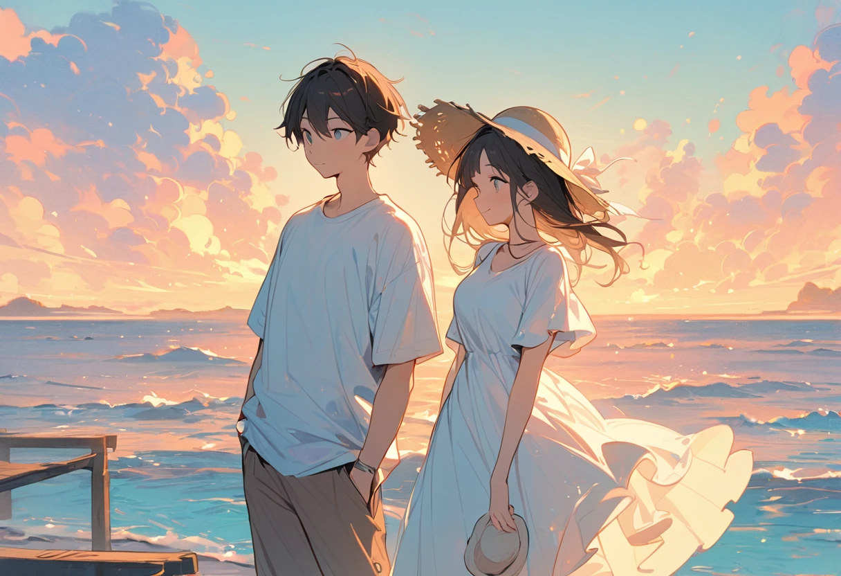 High resolution, masterpiece, Highest quality, Pastel Art:1.3, Pier, A girl in a white dress and a boy in a white T-shirt, Straw hat