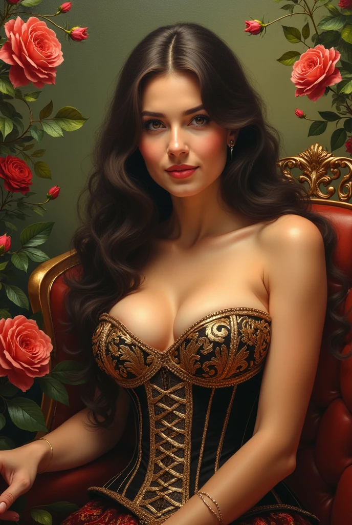 Create a very beautiful brunette woman with brown eyes, black hair, breasts showing, very provocative, make it with great wealth of details, very realistic