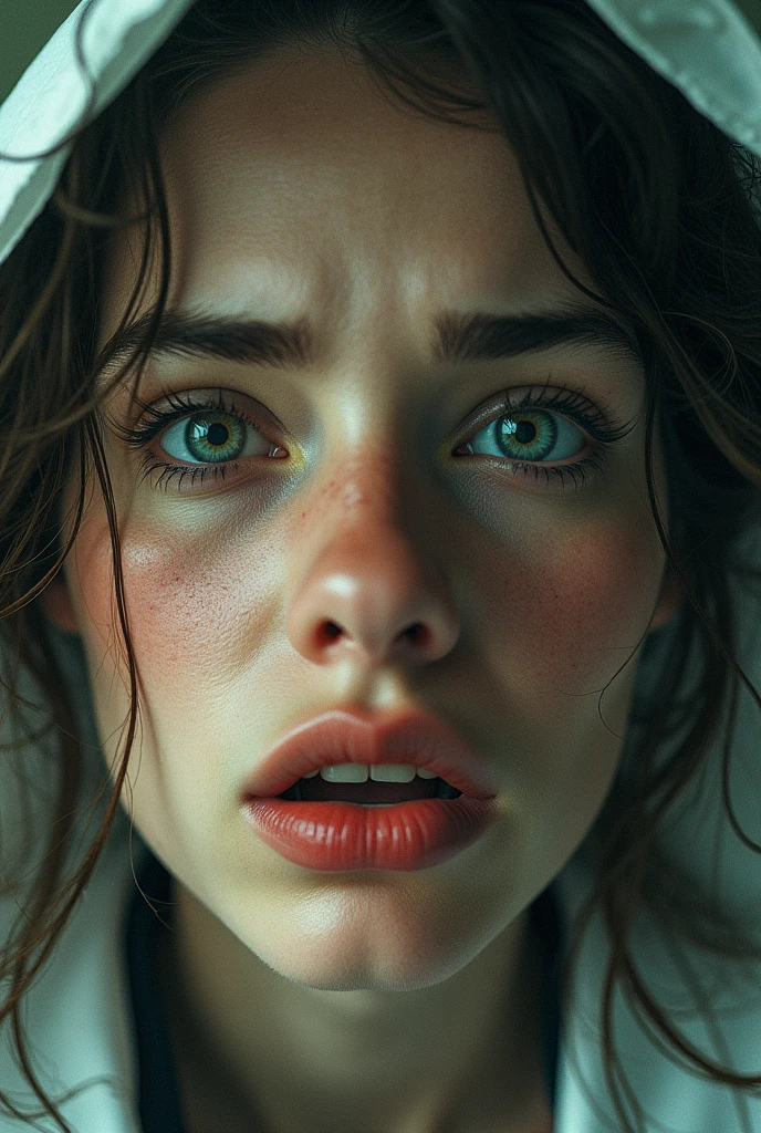 create a 3d ultra high resolution of a woman with a shocked face, that looked lost. Close up view, with dying plants in the background.