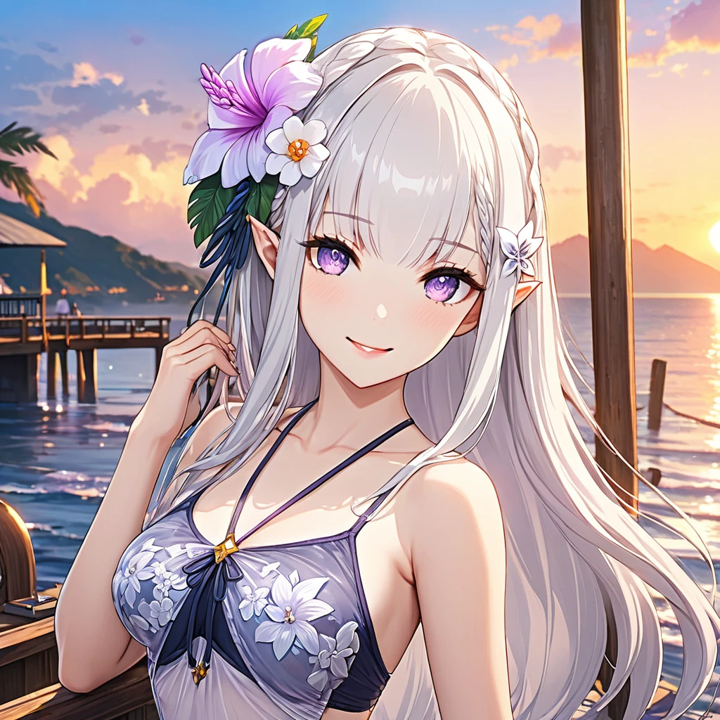 emilia, One girl, Long Hair, Silver Hair, Purple eyes, Pointed Ears, Hair Flower, Swimwear, see-through, Tropical Sea, Pier、Boat、evening, Beautiful sunset, Smile break The face is depicted in detail down to each individual eyelash, super detailed face, ((super detailed eye)), sharp focus、masterpiece、16K, highres, super details, uhd, masterpiece、Beautiful attention to detail:1.2, Perfect lighting, (perfect hand, perfect anatomy), Precise depiction, game cg, Vibrant colors