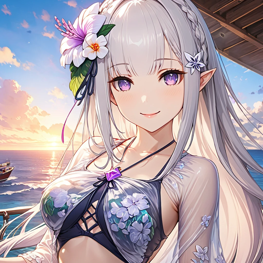 emilia, One girl, Long Hair, Silver Hair, Purple eyes, Pointed Ears, Hair Flower, Swimwear, see-through, Tropical Sea, Pier、Boat、evening, Beautiful sunset, Smile break The face is depicted in detail down to each individual eyelash, super detailed face, ((super detailed eye)), sharp focus、masterpiece、16K, highres, super details, uhd, masterpiece、Beautiful attention to detail:1.2, Perfect lighting, (perfect hand, perfect anatomy), Precise depiction, game cg, Vibrant colors