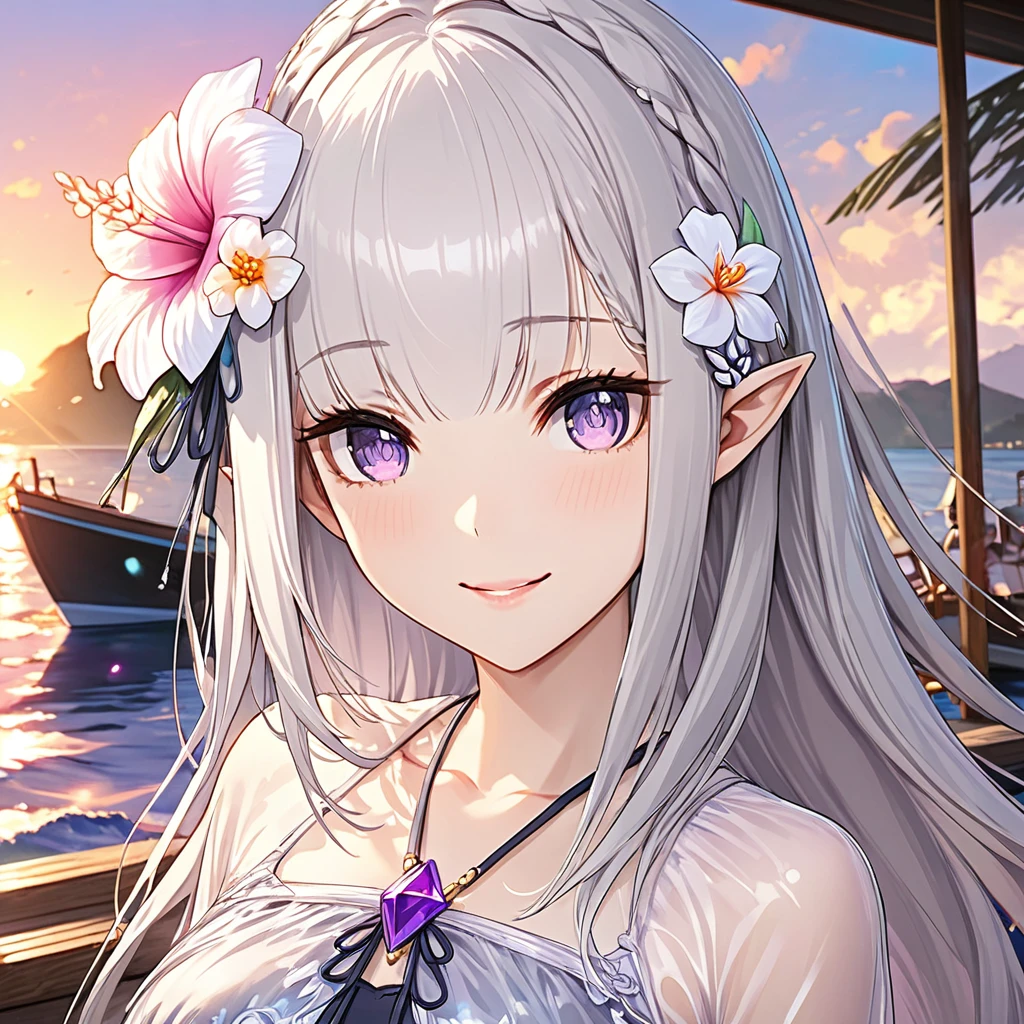 emilia, One girl, Long Hair, Silver Hair, Purple eyes, Pointed Ears, Hair Flower, Swimwear, see-through, Tropical Sea, Pier、Boat、evening, Beautiful sunset, Smile break The face is depicted in detail down to each individual eyelash, super detailed face, ((super detailed eye)), sharp focus、masterpiece、16K, highres, super details, uhd, masterpiece、Beautiful attention to detail:1.2, Perfect lighting, (perfect hand, perfect anatomy), Precise depiction, game cg, Vibrant colors