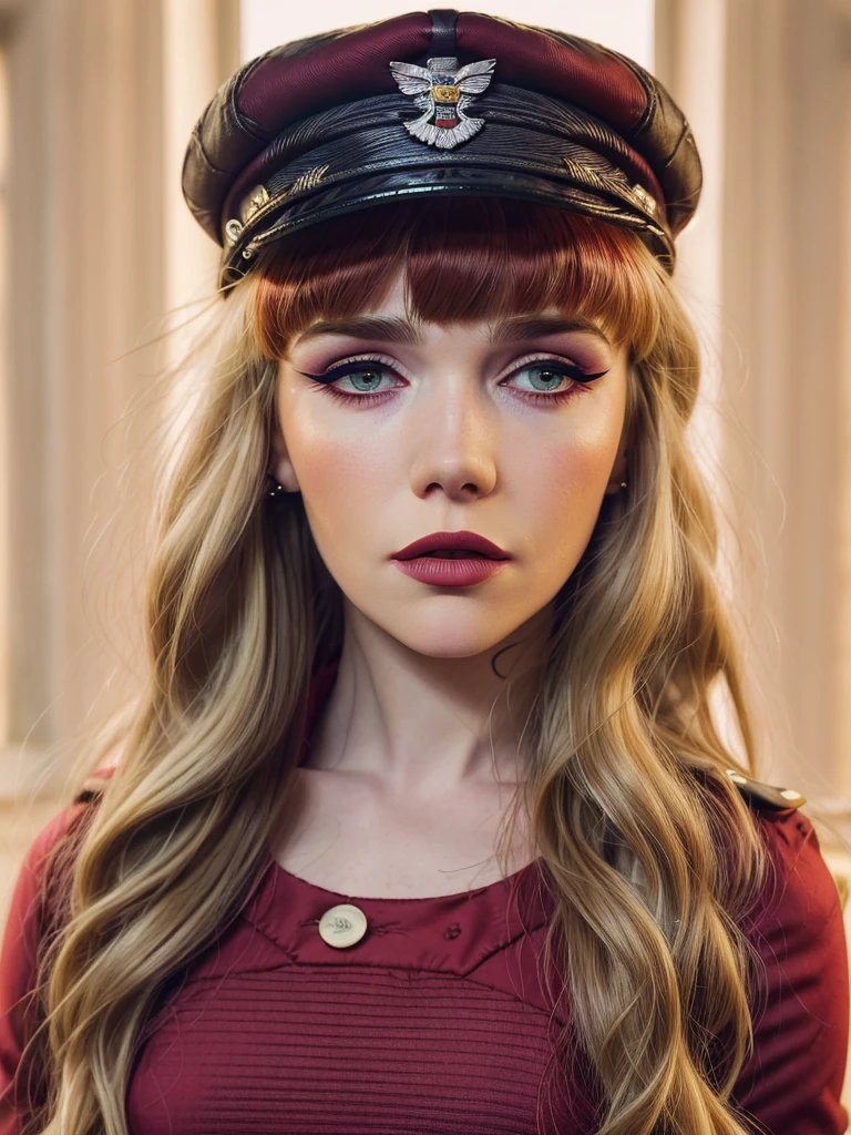 gquality, oreiro, 1girl, solo, looking at viewer, medium hair, bangs, upper body, blunt bangs, uniform, peaked cap, red background, realistic, makeup, eyeshadow, eyelashes, lipstick, standing in front of a window, charli bowater, julia sarda, straight hairstyle, brunette with dyed blonde hair, eva elfie, female model, kailee mandel, redahair and attractive features, julia hetta, amanda clarke, portrait of florence pugh, inspired by Louisa Matthíasdóttir