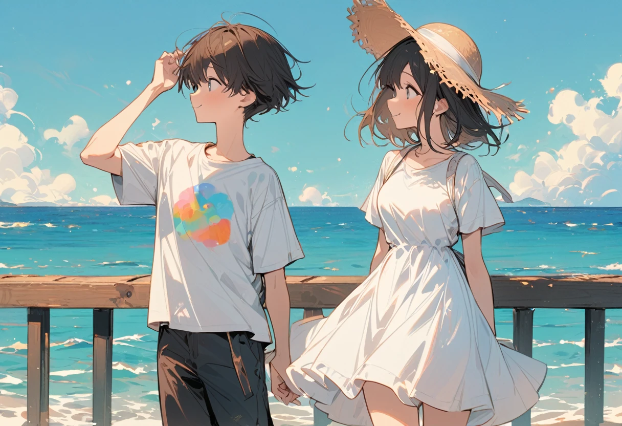 High resolution, masterpiece, Highest quality, Pastel Art:1.3, Pier, A girl in a white dress and a boy in a white T-shirt, Straw hat