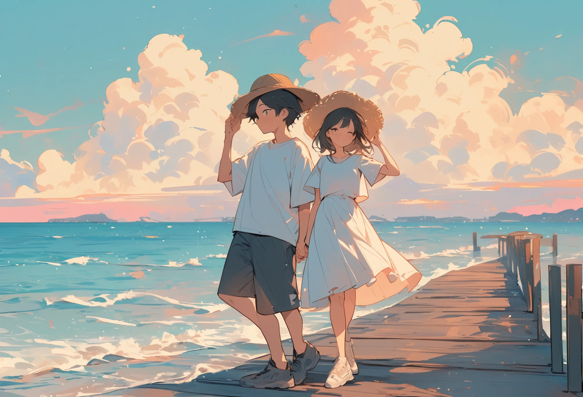 High resolution, masterpiece, Highest quality, Pastel Art:1.3, Pier, A girl in a white dress and a boy in a white T-shirt, Straw hat