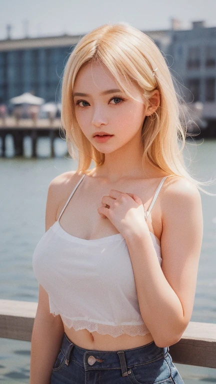 1 girl,Beautifully detailed face:1.3、The whole face fits in the frame:1.6、((She has a big red ribbon in her hair., Like a doll 1.6))、 ((Very large breasts:1.7))、((A sheer camisole with a loose fit around the chest:1.7))、Pink Eyeshadow:1.6、((Gazing into the distance:1.3))、Very beautiful Japanese idol portraits, Brown Hair:1.7、(RAW Photos, Highest quality), (Realistic, Realistic:1.4), (masterpiece), wonderful, finely, High resolution, Soft Light, Beautiful detailed girl, Highly detailed eyes and face, Beautiful and sophisticated nose, Big beautiful eyes, (Blonde medium hair:1.5), (Parted bangs), Complete Anatomy, Slender body,Very big boobs, M Cup Breasts, Milk about to spill,  Sensual look, summer, (Pier:1.2), エモいsummer, student, youth, outside, blue sky, (Pierでのポートレート:1.7)