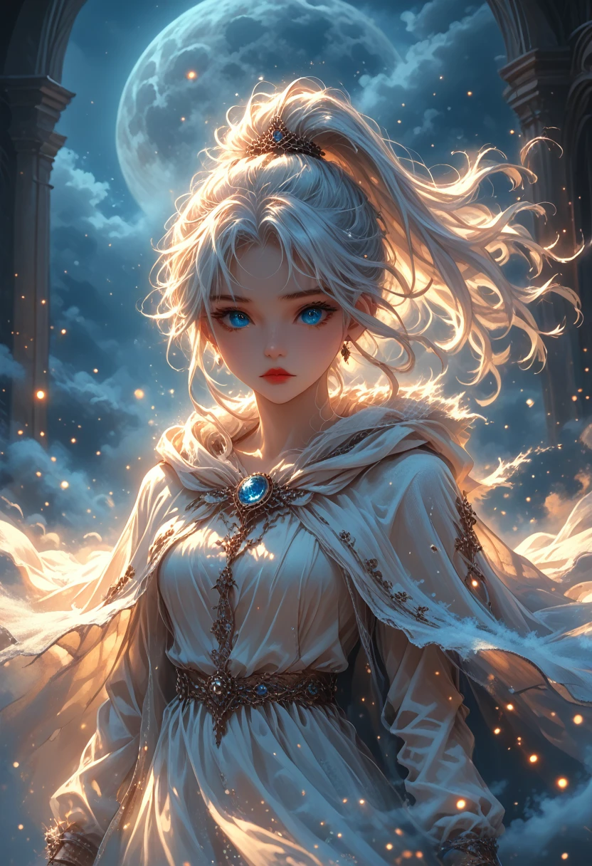 masterpiece, (Best quality: 1.2), (super excellent: 1.2), illustration, (Incredibly soft and beautiful: 1.2), film angle, floating, (Beautiful detailed eye: 1.1), (detailed light: 1.1), Film Light, Tender sky, woman, White hair, Blue eyes, (high ponytail: 1.1), cloak, sparkling eyes, (moon: 1.2), (moonlight: 1.1), Starry sky, (Light particles: 1.1), fog , snow picture, sketch, flowering,score_9, score_8_up, score_7_up, dramatic lighting, highly detailed, high budget, bokeh, cinemascope, moody, epic, gorgeous, film grain, grainy, masterpiece, best quality, perfect anatomy, very aesthetic, official art, 8k, Shine, hkmagic,