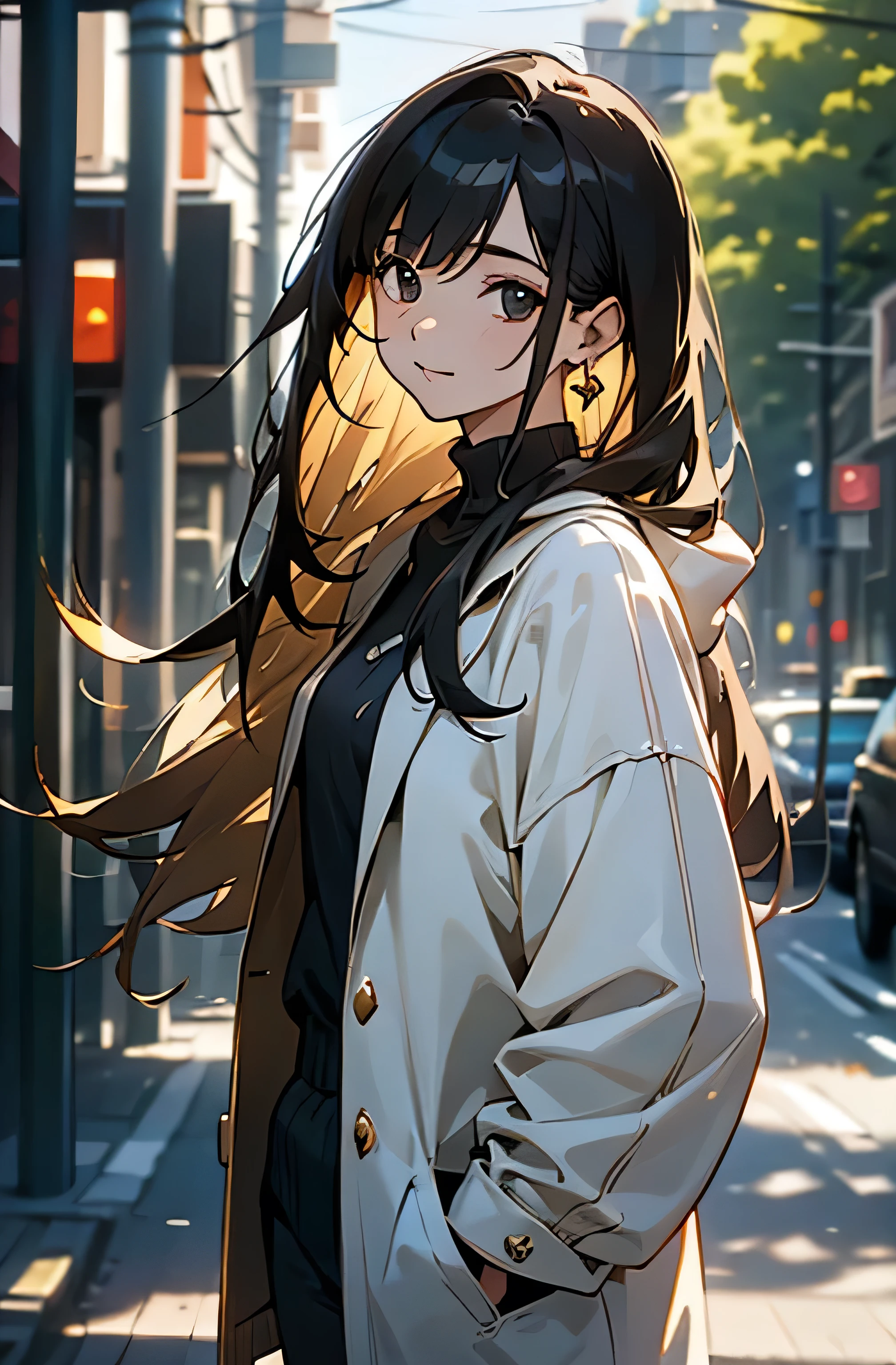 
Straight long hair, White jacket, Dangling gold earrings, Standing pose, Looking down, Smooth Skin, Outdoor urban environment, Natural light coming from the left, Soft Shadows, Casual and relaxed atmosphere, Close-up shot, Shallow depth of field, Well-balanced exposure, Cinema Lighting, Black Hair,