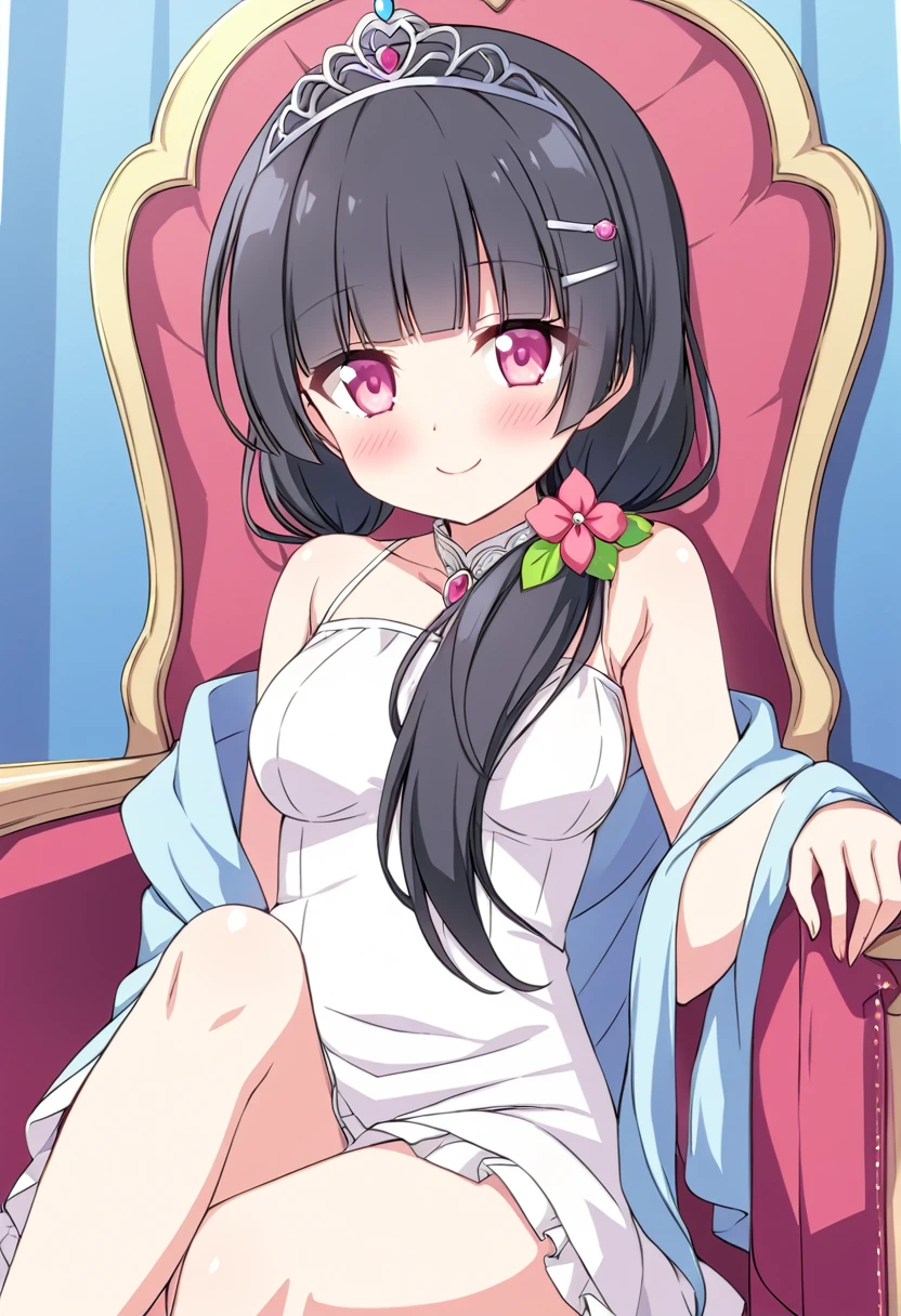 nsfw,((womanを一人だけ描く))、(Alone Girl)、(１woman)、MORIZONOMEI, BLACK HAIR, HAIR FLOWER, HAIRCLIP, BLUNT BANGS, LOW TWINTAILS, HAIR OVER SHOULDER, LONG HAIR, PINK EYES,high resolution、anime、Alone and pure,smile、美しい日本のwoman, 16 years old、Fine skin,美しい日本のwoman, ,Smaller breasts、Beautiful breasts、,Western Princess、Tiara on head,Western castle、Noble dress、Sitting on the throne、Crossing your legs