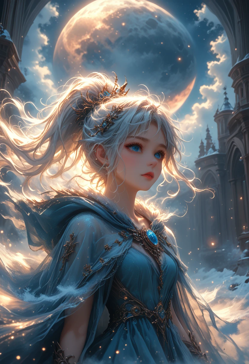 masterpiece, (Best quality: 1.2), (super excellent: 1.2), illustration, (Incredibly soft and beautiful: 1.2), film angle, floating, (Beautiful detailed eye: 1.1), (detailed light: 1.1), Film Light, Tender sky, woman, White hair, Blue eyes, (high ponytail: 1.1), cloak, sparkling eyes, (moon: 1.2), (moonlight: 1.1), Starry sky, (Light particles: 1.1), fog , snow picture, sketch, flowering,score_9, score_8_up, score_7_up, dramatic lighting, highly detailed, high budget, bokeh, cinemascope, moody, epic, gorgeous, film grain, grainy, masterpiece, best quality, perfect anatomy, very aesthetic, official art, 8k, Shine, hkmagic,