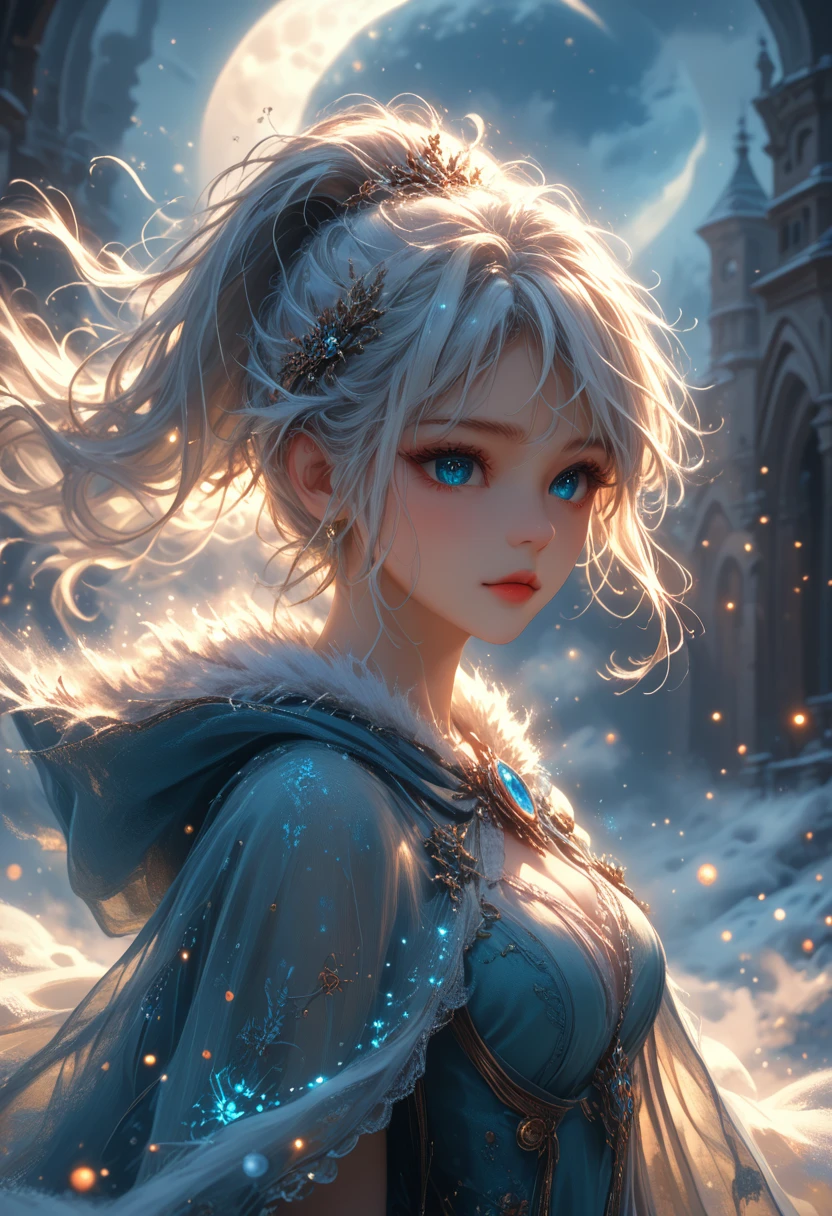 masterpiece, (Best quality: 1.2), (super excellent: 1.2), illustration, (Incredibly soft and beautiful: 1.2), film angle, floating, (Beautiful detailed eye: 1.1), (detailed light: 1.1), Film Light, Tender sky, woman, White hair, Blue eyes, (high ponytail: 1.1), cloak, sparkling eyes, (moon: 1.2), (moonlight: 1.1), Starry sky, (Light particles: 1.1), fog , snow picture, sketch, flowering,score_9, score_8_up, score_7_up, dramatic lighting, highly detailed, high budget, bokeh, cinemascope, moody, epic, gorgeous, film grain, grainy, masterpiece, best quality, perfect anatomy, very aesthetic, official art, 8k, Shine, hkmagic,