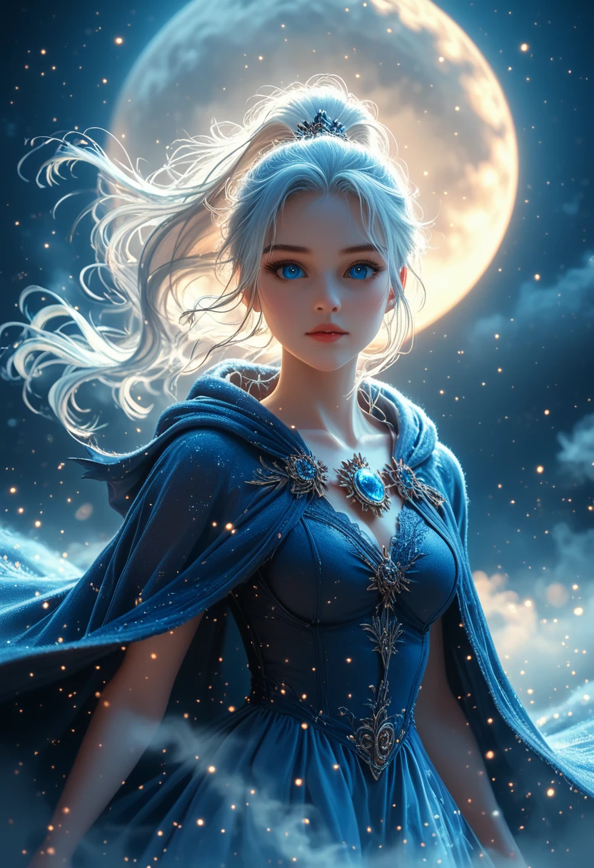 masterpiece, (Best quality: 1.2), (super excellent: 1.2), illustration, (Incredibly soft and beautiful: 1.2), film angle, floating, (Beautiful detailed eye: 1.1), (detailed light: 1.1), Film Light, Tender sky, woman, White hair, Blue eyes, (high ponytail: 1.1), cloak, sparkling eyes, (moon: 1.2), (moonlight: 1.1), Starry sky, (Light particles: 1.1), fog , snow picture, sketch, flowering,score_9, score_8_up, score_7_up, dramatic lighting, highly detailed, high budget, bokeh, cinemascope, moody, epic, gorgeous, film grain, grainy, masterpiece, best quality, perfect anatomy, very aesthetic, official art, 8k, Shine, hkmagic,