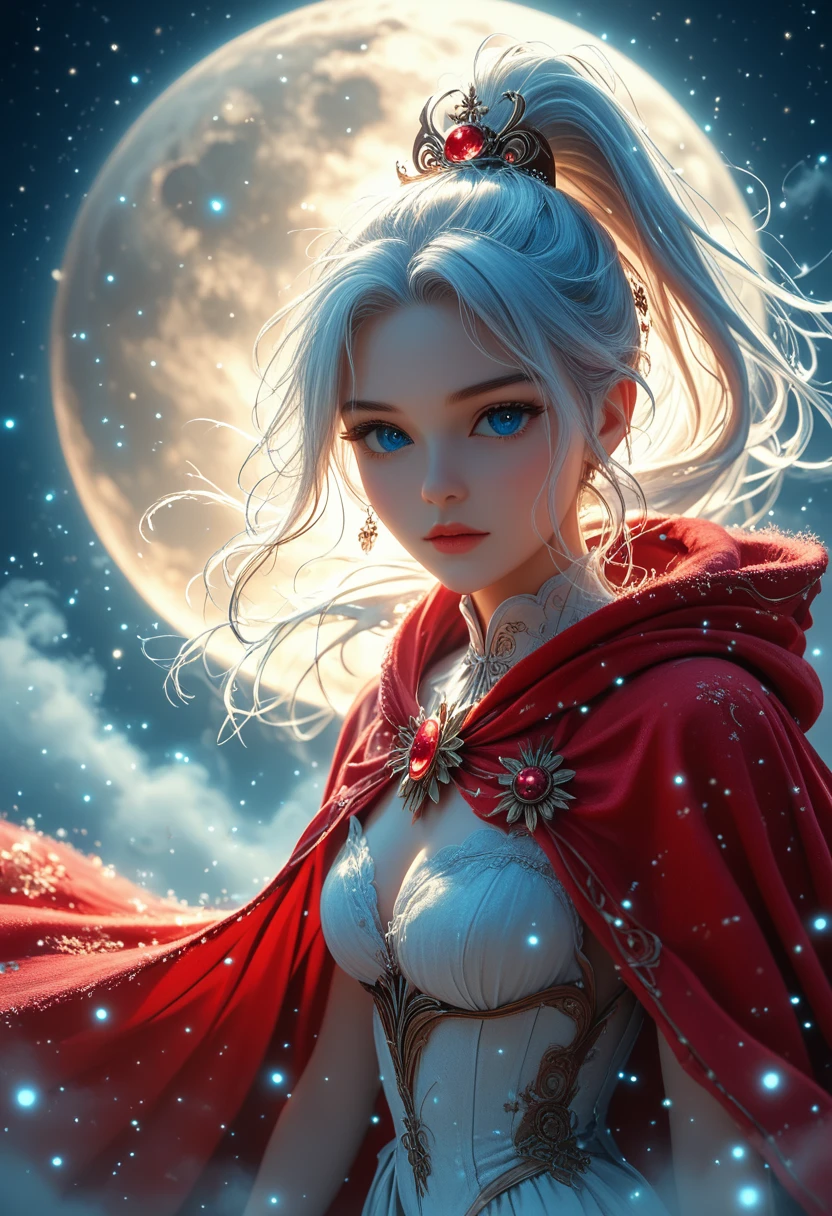 masterpiece, (Best quality: 1.2), (super excellent: 1.2), illustration, (Incredibly soft and beautiful: 1.2), film angle, floating, (Beautiful detailed eye: 1.1), (detailed light: 1.1), Film Light, Tender sky, woman, White hair, Blue eyes, (high ponytail: 1.1), cloak, sparkling eyes, (moon: 1.2), (moonlight: 1.1), Starry sky, (Light particles: 1.1), fog , snow picture, sketch, flowering,score_9, score_8_up, score_7_up, dramatic lighting, highly detailed, high budget, bokeh, cinemascope, moody, epic, gorgeous, film grain, grainy, masterpiece, best quality, perfect anatomy, very aesthetic, official art, 8k, Shine, hkmagic,