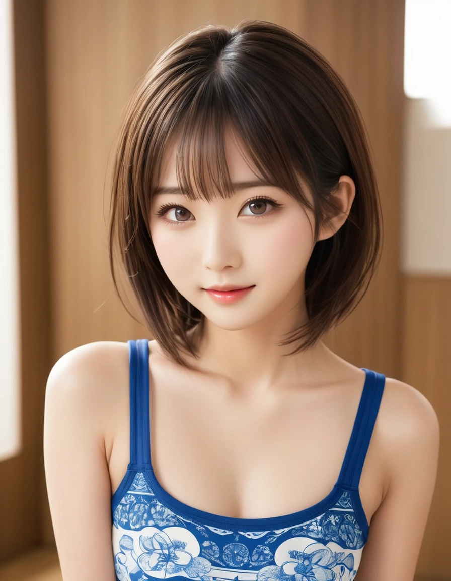 Best-quality, Masterpiece, Ultra-High-Resolution, (Photorealistic:1.4), Raw-Photo, Extremely-Detaied, Perfect-Anatomy, (((front view, from above))), 1girl, 12-years-old, the most popular Japanese idol, wearing only loose-underwear with cute-pattern, ((((dynamic-pose, hands on upturned-hip)))), looking at viewer, innocent smile, extremely cute face like a most famous Japanese idol, extremely beautiful big black solid circle eyes, extremely beautiful hair, extremely beautiful lips, extremely beautiful long-eyelashes, extremely beautiful shoulders, extremely beautiful body, extremely beautiful hip, extremely beautiful thighs, detailed loose-underwear-with-cute-pattern,ImgFixerPre0.3