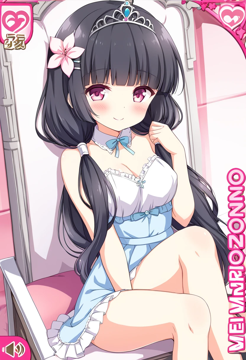 nsfw,((womanを一人だけ描く))、(Alone Girl)、(１woman)、MORIZONOMEI, BLACK HAIR, HAIR FLOWER, HAIRCLIP, BLUNT BANGS, LOW TWINTAILS, HAIR OVER SHOULDER, LONG HAIR, PINK EYES,high resolution、anime、Alone and pure,smile、美しい日本のwoman, 16 years old、Fine skin,美しい日本のwoman, ,Smaller breasts、Beautiful breasts、,Western Princess、Tiara on head,Western castle、Noble dress、elegant dress、Sitting on the throne、Crossing your legs