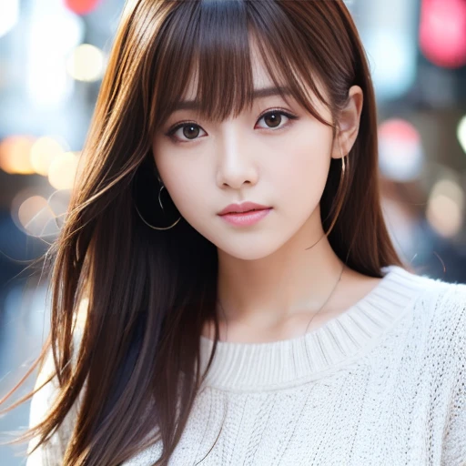 masterpiece, best quality, ultra-detailed, intricately detailed hyperdetailed, realistic, sharp features, highly detailed, sharp focus, Japanese idol, perfect face, perfect symmetrically perfect eyes, perfect full lips, flexible female form, cinematic, film light, hyper detailed, hyper realistic, high resolution, vibrant, dynamic studio lighting, Dark background, (long hair, straight Bangs), brown Eyes, Black sweater, Portraiture, (Mischievous smile),