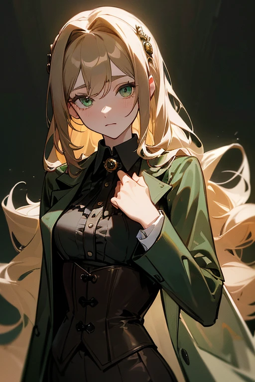 ((Masterpiece:1.5, Best Quality, High Resolution:1.3, Super Resolution, Super Detailed, Ultra Detailed:1.3, Perfect Anatomy:1.5, 1 girl) Pale skin + Long wavy brown hair + Green eyes + Long eyelashes + Feminine figure + Dark circles (Formal suit, Intricate outfit, Trench coat, Corset, Pearl hair accessory) ((Locked eyes, Relaxed expression, No light in her eyes))