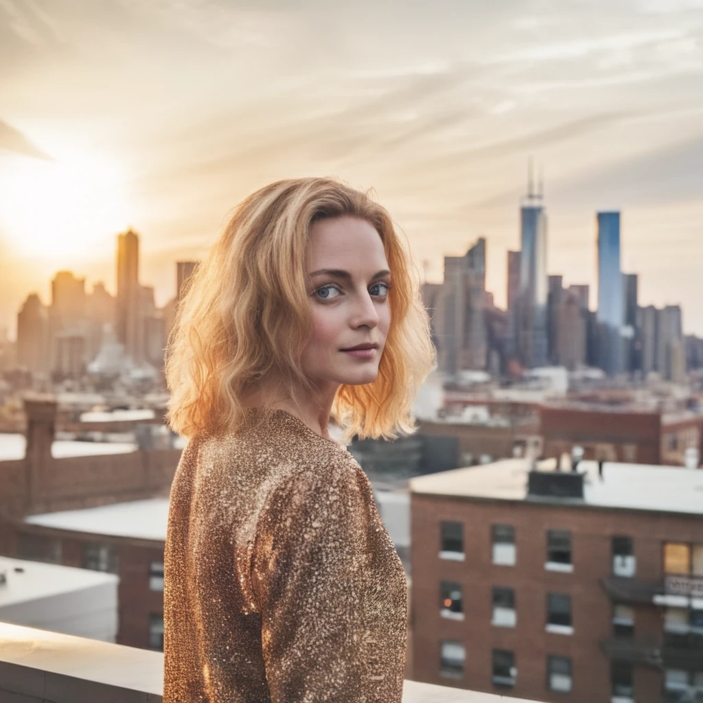 heathergraham  a close up photo,  of a young woman standing on a rooftop, surrounded by the city skyline.  The city is blurred and in sharp focus, with a few buildings blurred out to highlight the unique atmosphere. golden hour, golden hour lighting