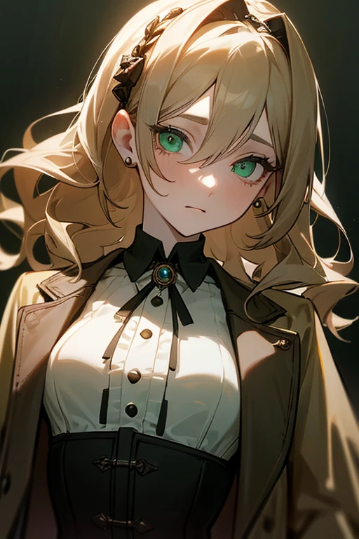 ((Masterpiece:1.5, Best Quality, High Resolution:1.3, Super Resolution, Super Detailed, Ultra Detailed:1.3, Perfect Anatomy:1.5, 1 girl) Pale skin + Long wavy brown hair + Green eyes + Long eyelashes + Feminine figure + Dark circles (Formal suit, Intricate outfit, Trench coat, Corset, Pearl hair accessory) ((Locked eyes, Relaxed expression, No light in her eyes))