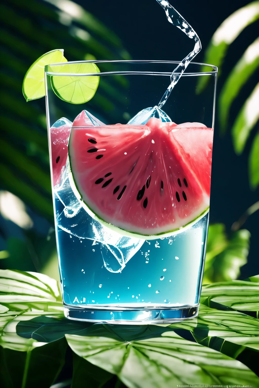 Wallpapers, poster, Drinks, Ice Cubes, Watermelon, Tropical Plants, Hot Weather, HD Detail, Moist Watermark, Ultra Detail, Movie, Hyper Realism, Soft Light, Deep Focus Bokeh, Ray Tracing, Diffuse (Ultrafine Glass Reflection) and surrealism --niji 5