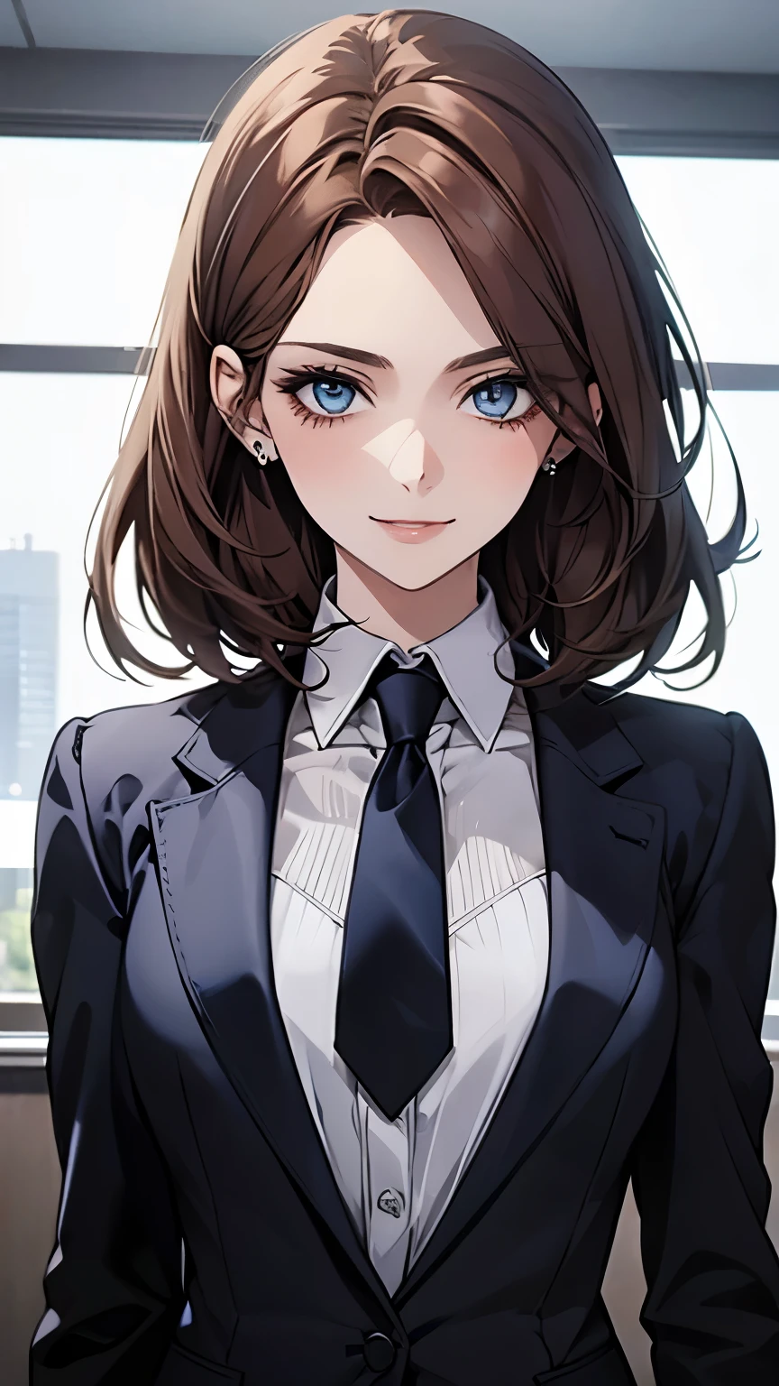 (Highest quality,High resolution,Very detailed),1 girl, Beautiful and elegant light blue eyes, Brown Hair, Cold Smile,Bob Hair, Wearing a suit, Mature Woman, Age 25,Cruel smile, Calm and Calm, Slim figure, Pale complexion, thin, Calm, secretary,graduate School