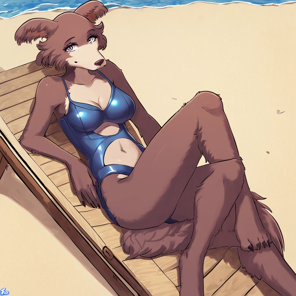 Juno from Beastars wearing a swimsuit lying on a beach chair outdoors, anime art style