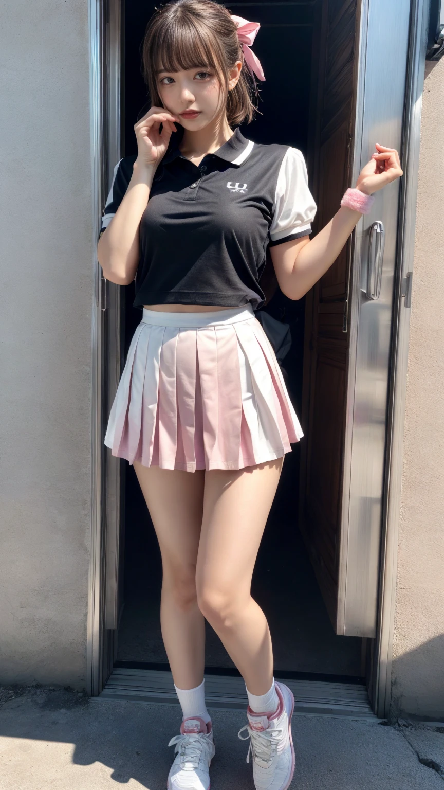 (absurdres:1.3), (highres:1.3), (ultra detailed:1.3),(1girl:1.3), (extremely detailed CG unity 8k wallpaper:1.3), (detailed skin texture, detailed cloth texture, detailed hair texture), (beautiful detailed face, supermodel, pale skin, realistic glistening skin), (RAW photo, best quality), (realistic, photo-realistic:1.4), masterpiece, extremely delicate and beautiful,Amazing, finely detail, extremely detailed CG unity 8k wallpaper, huge filesize, ultra-detailed, highres, absurdres, soft light,rim light, vibrant details, hotel room, straight hair, large breasts, black hair color, Big Natural Color Lip, (perfect body shape), beautiful legs, BREAK (white theme:1.4), (tucked-out short sleeve white polo shirt:1.4), (pink lines on tops outline:1.3), (pure white pleated mini skirt:1.3), (hem of top covers top half of skirt:1.3), (pink fluffy scrunchie on wrist:1.3), (white and pink sports shoes:1.2), crying a little、little smile, Harajuku style、20 year old girl、cute type、ta、standing