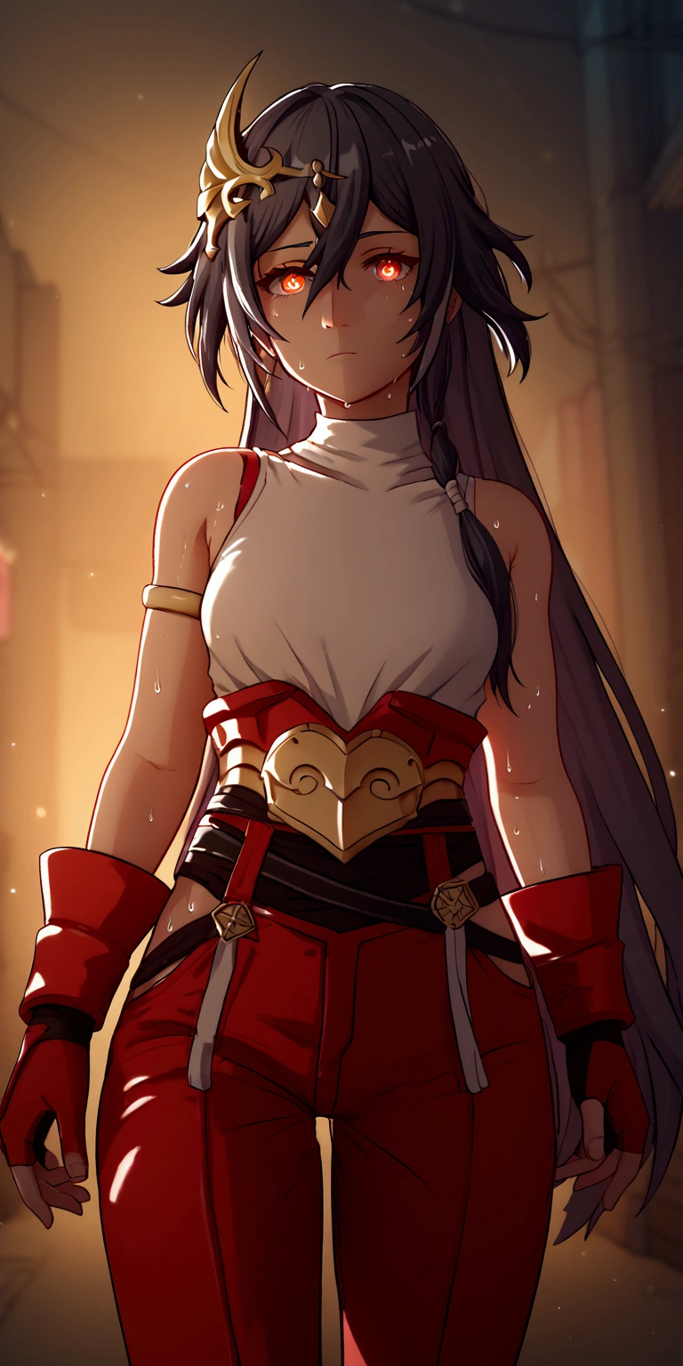 score_9, score_8_up, score_7_up, uncensored, score_9, score_8_up, score_7_up, score_6_up, uncensored, HoSenti, Senti_Default, long hair, black hair, hair ornament, red eyes, hair between eyes, BREAK detailed eyes, beautiful eyes, assertive female, (perfect face), (perfect hands, perfect anatomy), detailed skin texture, (blush:0.5), (goosebumps:0.5), excessive sweating, sweating profusely, sweating drop BREAK, white tank top, red (samurai armor), red gloves, pants, (getting undressed), night city, neon lights, dim lighting, dark alley, looking at viewer, cowboy shot, 