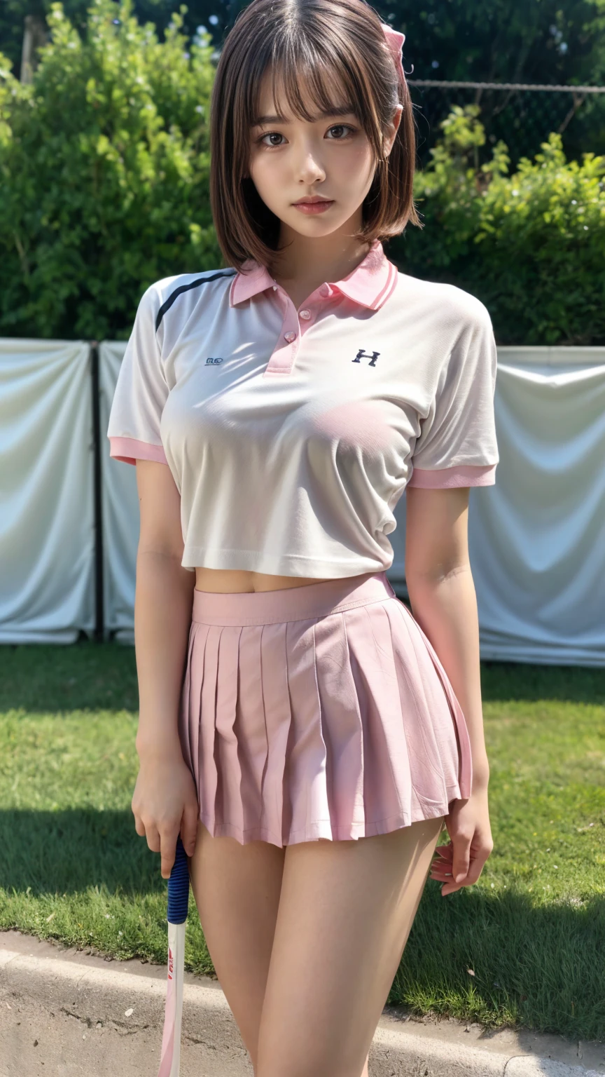 1 girl with red hair in braids, body and face facing the front of the screen, eyes looking straight, looking forward, hair woven with many flowers, white skin, big breasts, big butt, multicolored short skirt, polo shirt white, with angel wings, standing next to the dog, who is posing seductively