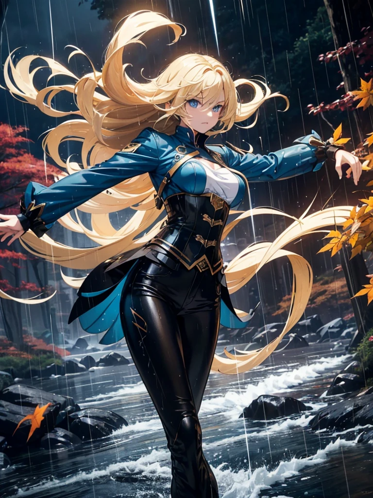 Modern anime-style digital painting of a 2 female teacher in a frontal view and action pose during an autumn day, soaked by rain with dramatic lightning in the background. She is 165 cm tall, with measurements of 91-61-81 cm, and has waist-length, wavy blond hair with V bangs and bright blue eyes. Emitting a golden aura, she stands dynamically with one leg raised on a fallen log. She wears a ruffled white blouse, a black corset, skinny tight blue jeans, and high black boots, all drenched by the rain. The scene is set against rich autumn foliage and vivid lightning, enhancing the intense and mystical atmosphere.