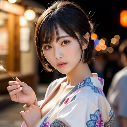(highest quality:1.5)、(Real:1.5)、(1 person:1.5)、Medium Shot、(Very detailed)、(High resolution)、8k、Normal milk、Natural color lip、Japanese women、24 year old girl、Thin eyebrows、Beautiful and elegant face、Cute face、Arched thin eyebrows、(Large, balanced eyes)、Big Eyes、Fair skin、Beautiful and elegant face、Natural Bangs、Beautiful and thin nose、 Beautiful Skin、Medium Bob Hair、Natural Bangs、Perfect and beautiful facial features、Slim face and figure、(Bright lighting)、Professional Lighting、(Lighting from the front)、Outdoor、Beautiful cleavage、1 person girl、Cute and sexy slim 24 year old woman、Fair skin、(A dreamy look)、(yukata)、(Normal milk)、(A simple pose facing forward)、(Beautiful Obi)、Beautiful clavicle、(Brightly colored fireworks burst into flames at a night festival)、summer、