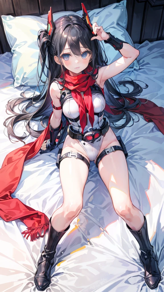 ((full body)),masterpiece, Highest quality, High resolution, Highly detailed CG, One girl,  Transformation Heroine, Transformation Belt, leotard，((black_hair)), Internal mechanism, headgear, (red_scarf), mecha armored, Thighs, Thighs boots, Girl lying on bed, Combat Stance, View your viewers, Hero Pose,Learn more, 