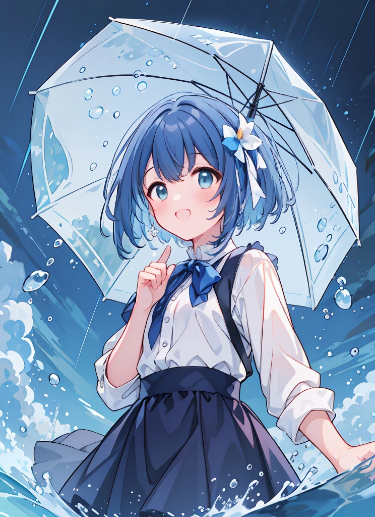 (8k, Highest quality, masterpiece: 1.2), Ultra-high resolution, 1 person, cute, Small breasts, Highly detailed face, White blouse, shirt, 大量のrain, rain, soaked, Black underwear, ribbon, gothic long skirt, Water droplets all over the body, A childlike smile, The best smile, Lots of water, Submersion, splash, Water up to my chest, 