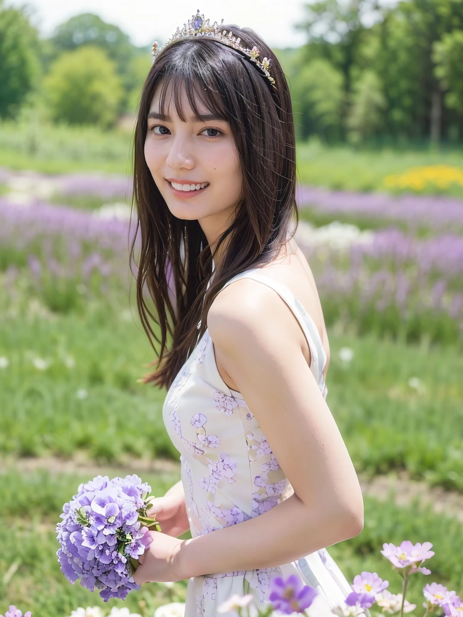 ((Purple and white flowers)), ((A woman with a floral tiara in her hair)), Dark Hair, Organic and natural composition, Flower Field, 1girl, White gorgeous dress, photorealistic, (bokeh), UHD, anatomically correct, highres