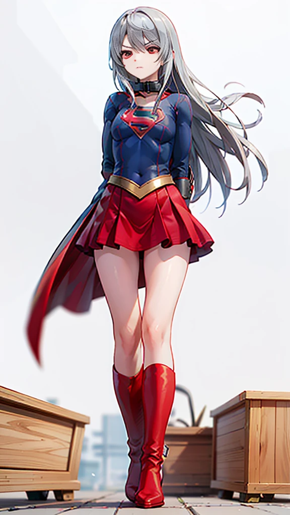 (whole body), (masterpiece:1.2), (Highest_quality:1.2), (Ultra_detailed:1.3), 8k,Low - Angle，From below，Big ass girl, Annoyed face，Glare，Observe the audience，Center of chest, barefoot，Red long boots，3D Rendering,( Supergirl)，Laura Bodewig, Long Hair, (Red eyes:1.3), Grey Hair, Eye patch,Red Skirt，The skirt is short,，A blue leotard is visible under the skirt.，The skirt is blown away by the wind，Red Cape，gloves，Simple Background，White Background，(STANDING BY WOODEN POLE)，Iron Collar, Place your arms behind your back, Iron Cuffs, bondage, bound,