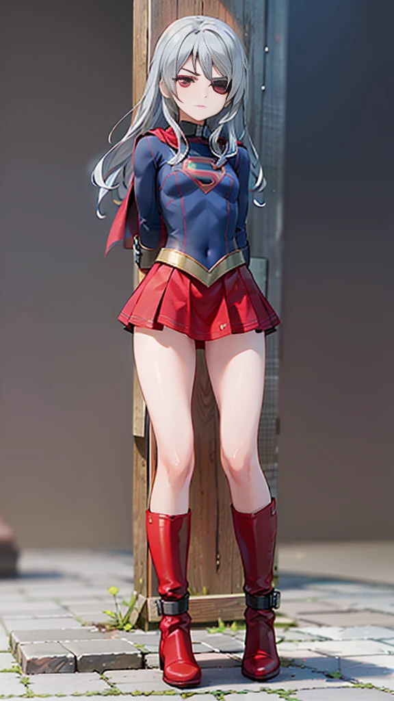 (whole body), (masterpiece:1.2), (Highest_quality:1.2), (Ultra_detailed:1.3), 8k,Low - Angle，From below，Big ass girl, Annoyed face，Glare，Observe the audience，Center of chest, barefoot，Red long boots，3D Rendering,( Supergirl)，Laura Bodewig, Long Hair, (Red eyes:1.3), Grey Hair, Eye patch,Red Skirt，The skirt is short,，A blue leotard is visible under the skirt.，The skirt is blown away by the wind，Red Cape，gloves，Simple Background，White Background，(STANDING BY WOODEN POLE)，Iron Collar, Place your arms behind your back, Iron Cuffs, bondage, bound,