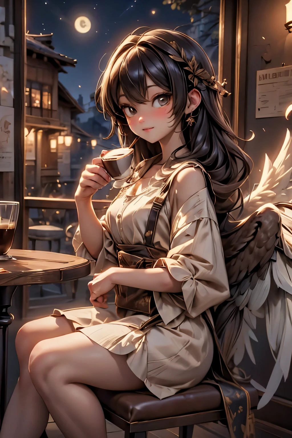 BEST QUALITY, MASTERPIECE, HARPIES DRINKING COFFEE AT A COFFE SHOP, NIGHT coffee shop, 