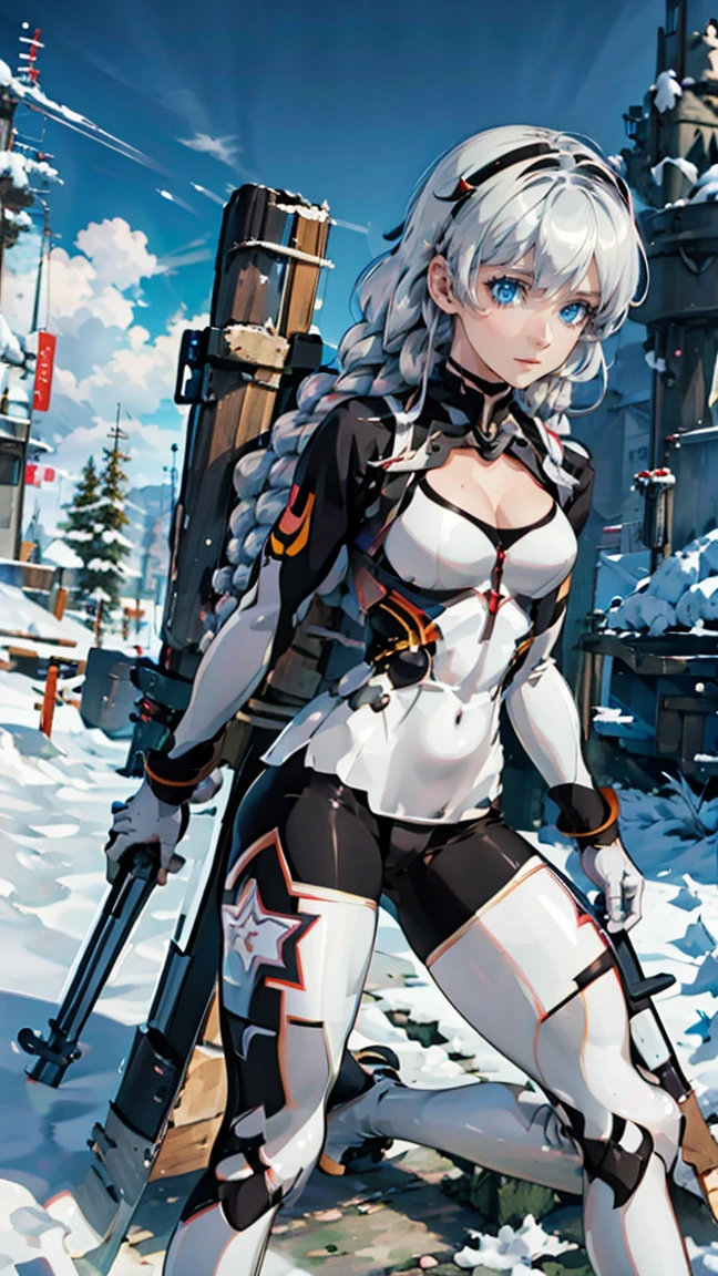 (photorealistic:1.5, highest quality,masterpiece,High resolution,muste piece),(sony a7, 35mm lens, f1.8, film gain),snow mountainに立つ1人の23歳の女性,(latex,shiny clothes, bodysuit swimwear:1.5,Jacket:1.3,choker), detailed eyes:1.7,detailed eyes:1.8,beautiful skin:1.8, (looking at the camera:1.2),(View from behind:1.3),(twin tails:1.5,Long Hair:1.2,bright platinum hair:1.5), expression( Sly Smile:1.3,blushing:1.3),Pause( Seductive pose:1.5),background(snow mountain:1.5,ruins,apocalyptic world),(Medium chest,slender, abs:1.2), (Nipple protrusion shows through),(Butt visible through clothes),(detailed face),normal hands:1.5,normal finger:1:5,normal feet:1.5,(cameltoe)