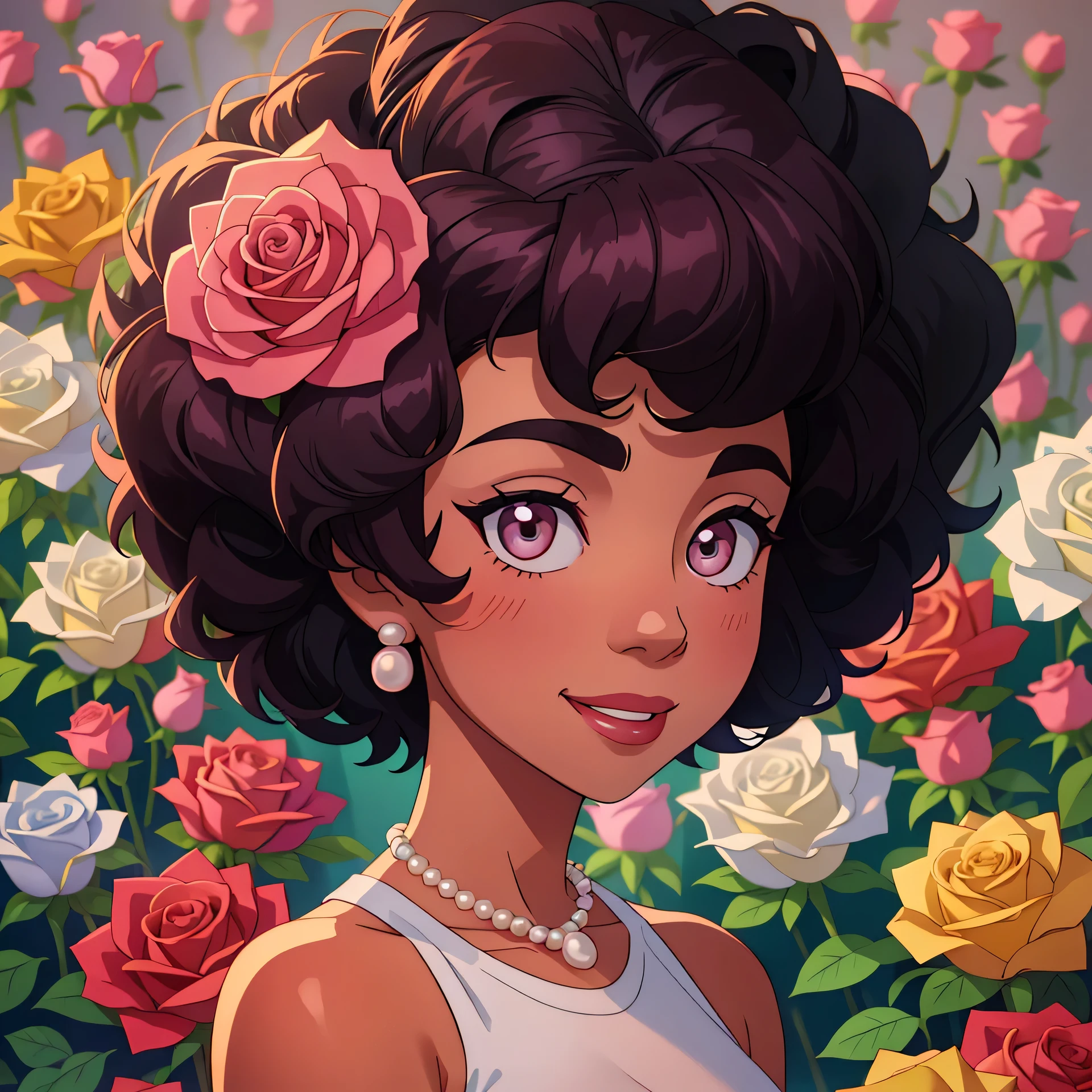 Short curly hair adorned with a large pink rose, pearl necklace, matching dangling earrings, dressed in a white sleeveless top, smooth skin, floral background teeming with colorful roses, warm natural lighting from the left accentuating soft shadows, vibrant and romantic atmosphere, close-up shot with a shallow depth of field showcasing a sharp subject against a blurred background.HD,young people, cartoons, happy, happy, excited, excited, joyful, ((surprise)), carefree, beautiful eyes, cute, smiling face, UWU, happy, proud, ((smiling face)),;3, uwu