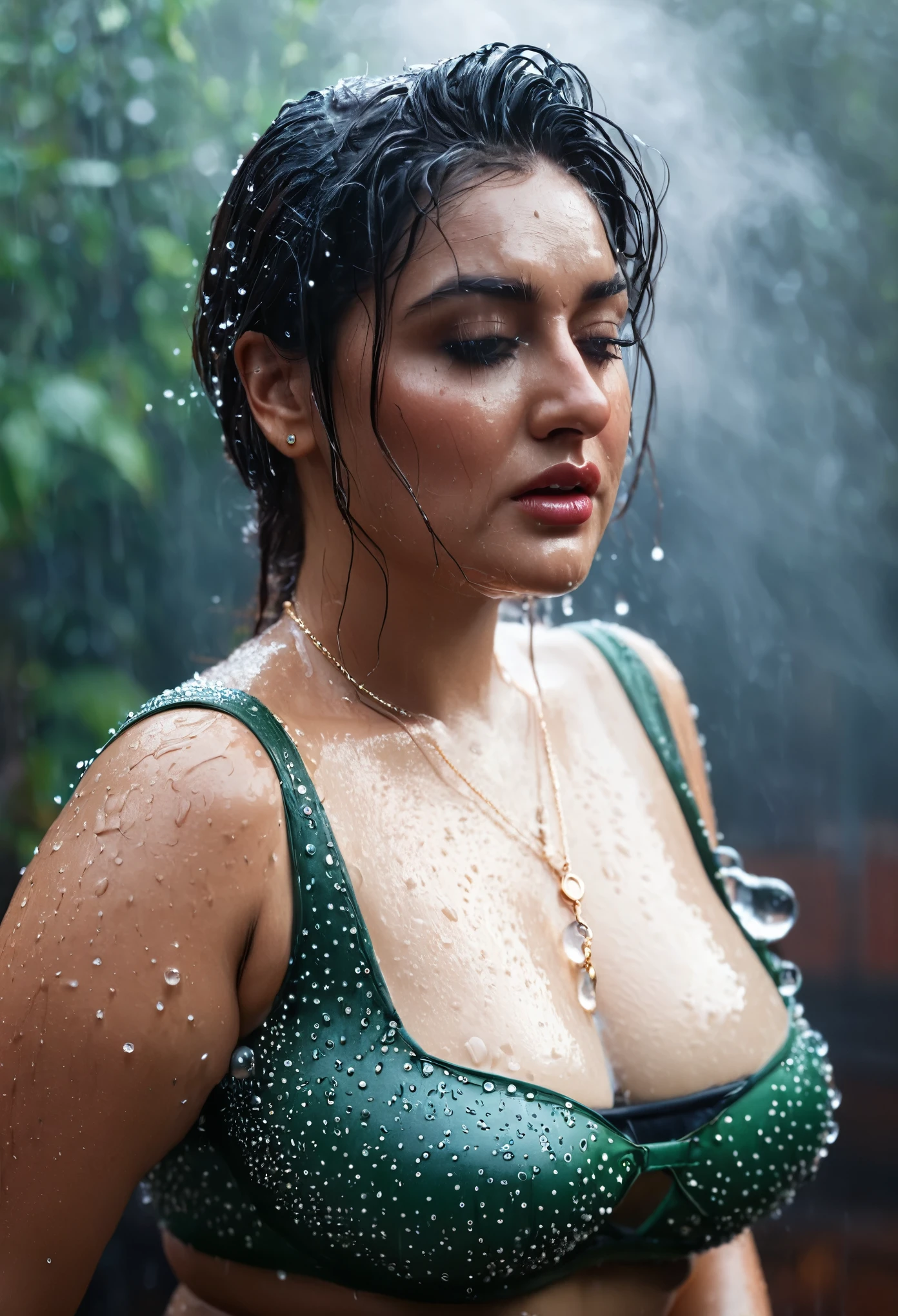  erotic, busty wet , curvy, photography, Stoic, cinematic, jewellery, 4k, epic, detailed photograph, shot on kodak detailed, bokeh, cinematic, hbo, volumetric fog, volumetric light