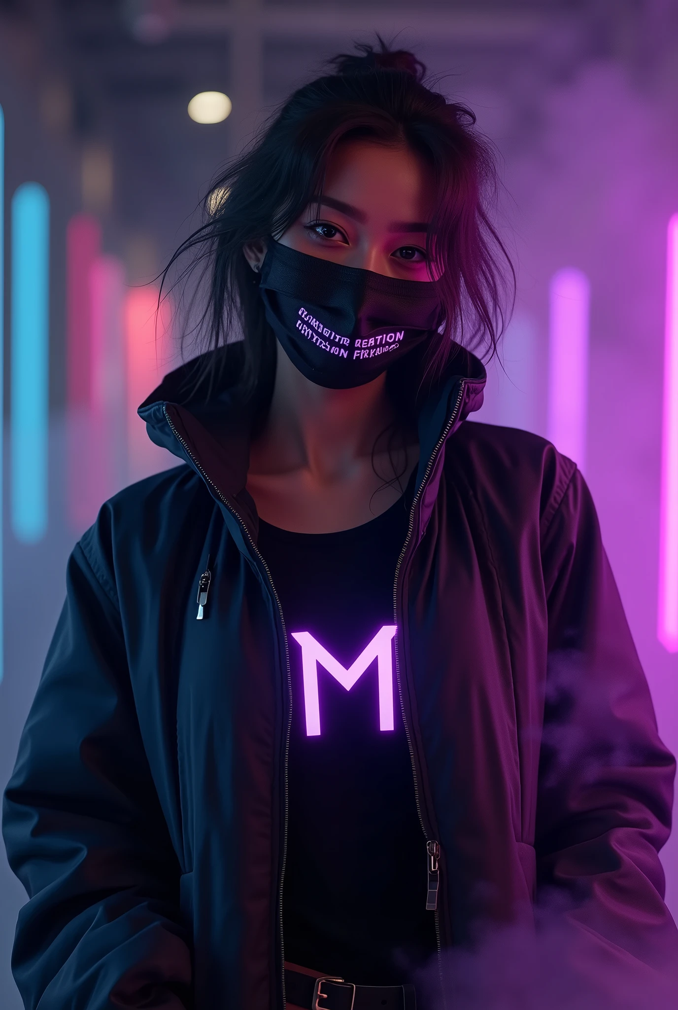 hacker usando um terno roxo com um sobretudo, with a neon technological mask with the letter Δ